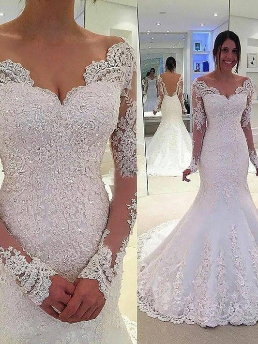 Sleeves Court Lace Train Trumpet/Mermaid V-neck Long Tulle Wedding Dresses