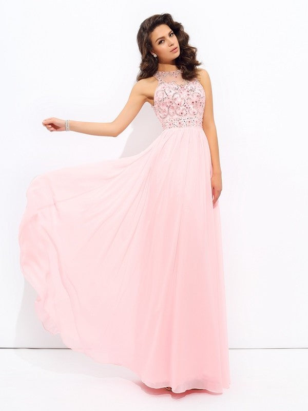 Sleeveless Jewel Beading A-line/Princess Long Chiffon Dresses
