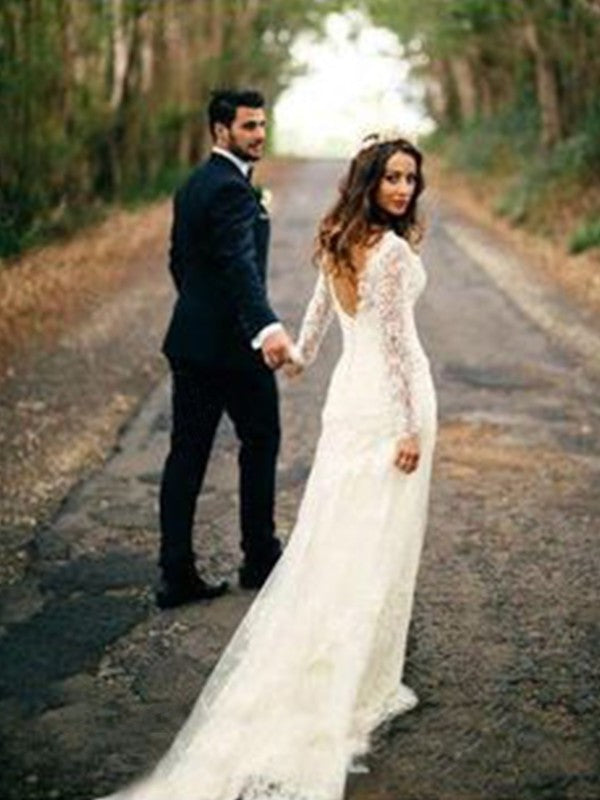 Court Train Sleeves Applique Sheath/Column Long V-neck Lace Wedding Dresses