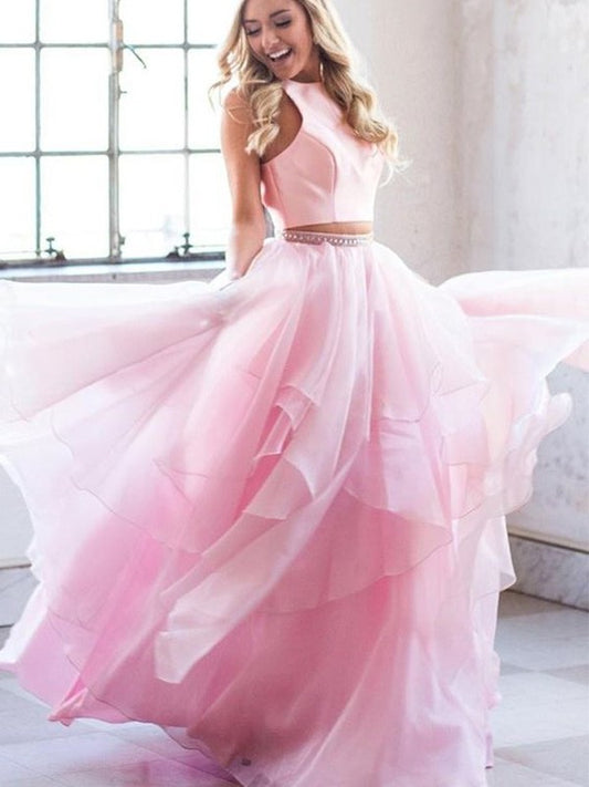 Scoop Tulle Sleeveless Floor-Length Beading A-Line/Princess Two Piece Dresses