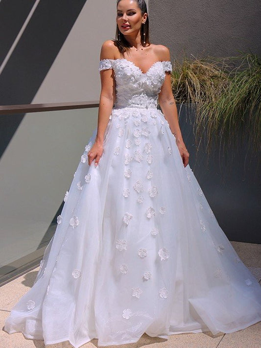 Ball Chapel V-neck Sleeveless Tulle Gown Applique Train Wedding Dresses