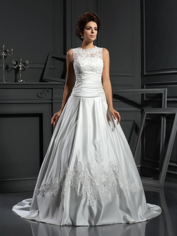 Sleeveless A-Line/Princess Applique Neck High Long Satin Wedding Dresses