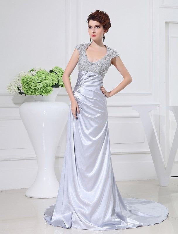 Long Lace Scoop Beading Elastic A-Line/Princess Woven Satin Dresses