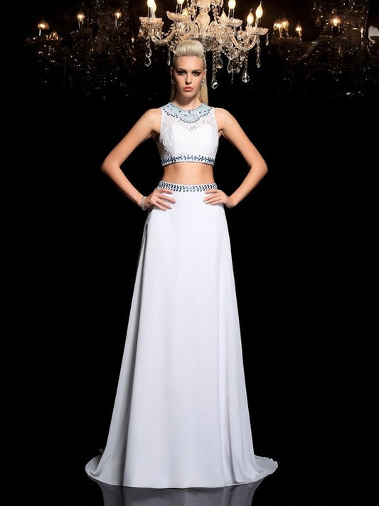 Chiffon Sleeveless Long Beading A-Line/Princess Jewel Two Piece Dresses