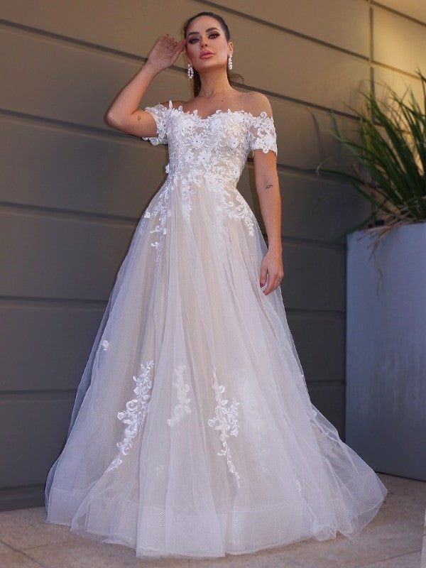 A-Line/Princess Tulle Off-the-Shoulder Short Applique Sleeves Floor-Length Wedding Dresses