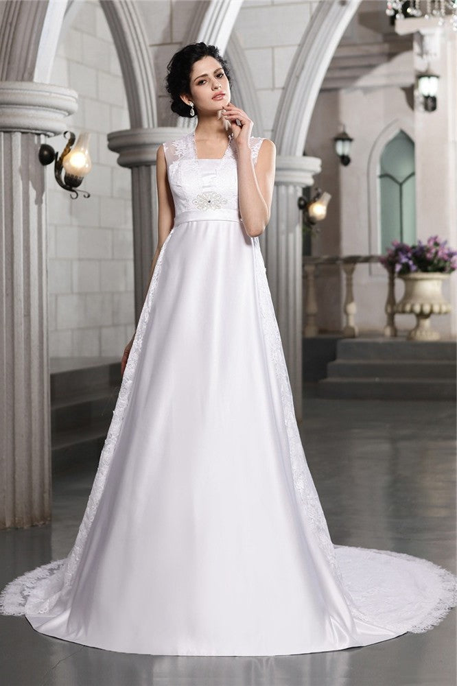 A-Line/Princess Long Lace Sleeveless Satin Wedding Dresses