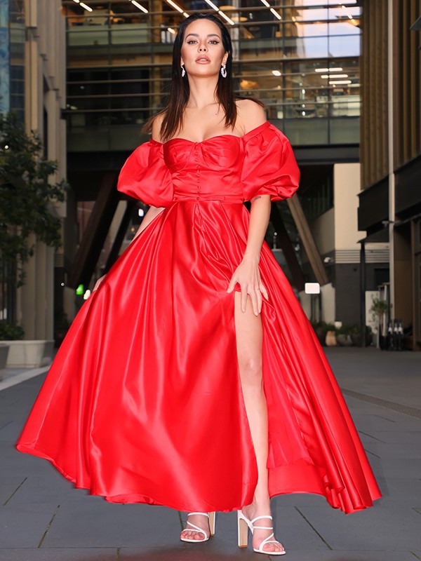 1/2 A-Line/Princess Off-the-Shoulder Ruffles Satin Sleeves Ankle-Length Dresses
