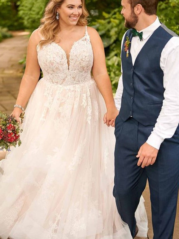 Plus Straps A-Line/Princess Spaghetti Applique Tulle Floor-Length Sleeveless Size Wedding Dresses