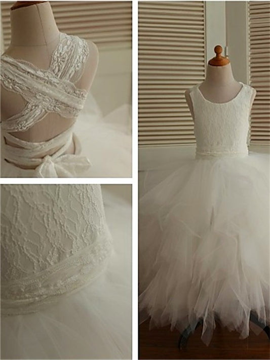Tulle Gown Sleeveless Scoop Lace Ankle-Length Ball Flower Girl Dresses
