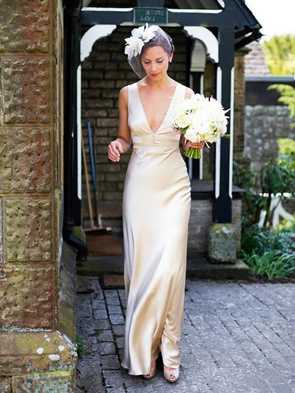 Sheath/Column Satin V-neck Sleeveless Floor-Length Wedding Dresses