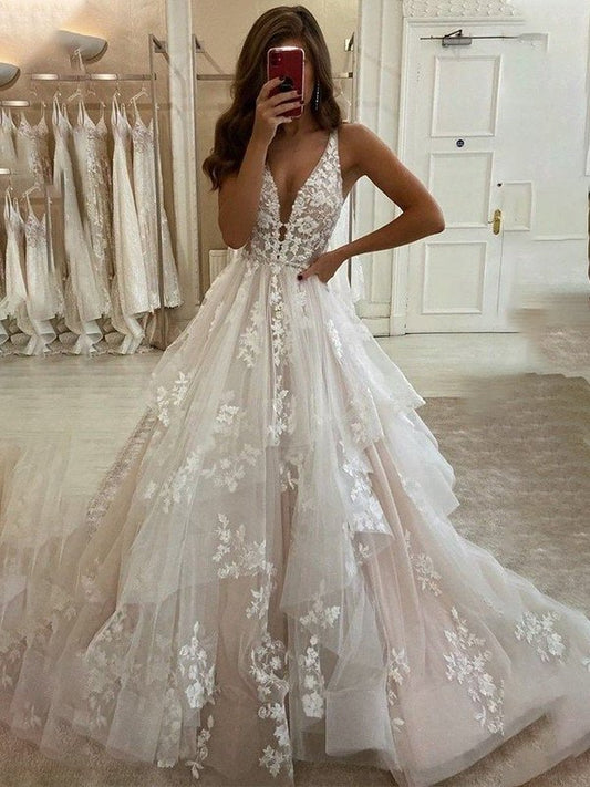 Sweep/Brush Tulle A-Line/Princess Applique Sleeveless V-neck Train Wedding Dresses