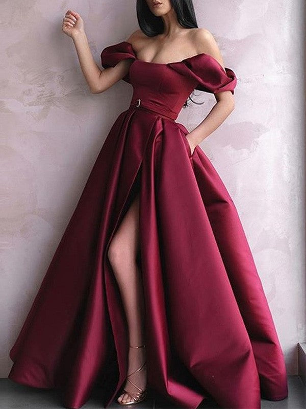 Satin A-Line/Princess Sash/Ribbon/Belt Off-the-Shoulder Floor-Length Sleeveless Dresses