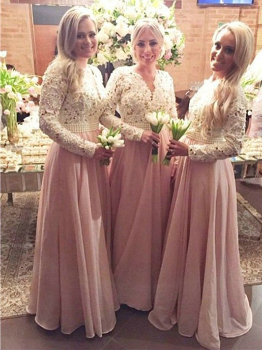 Lace Floor-Length V-neck Long Sleeves A-Line/Princess Chiffon Bridesmaid Dresses