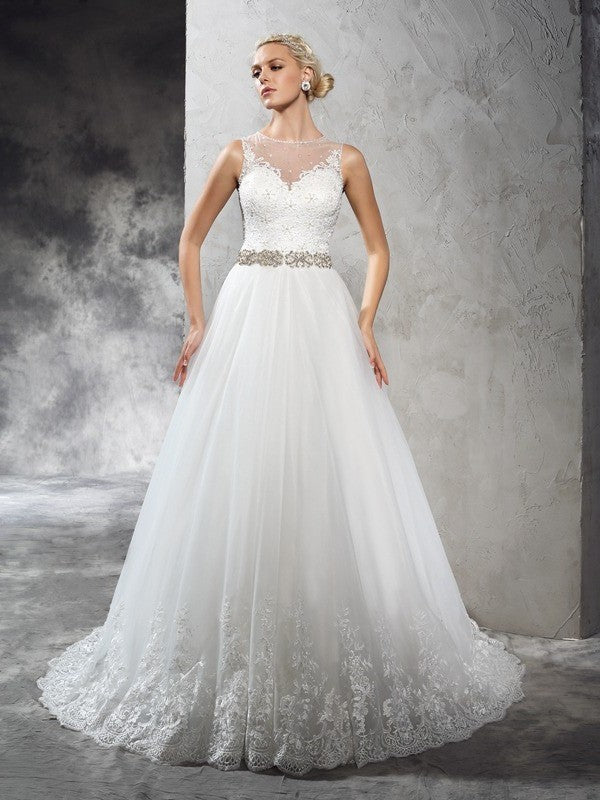 Sheer A-Line/Princess Sleeveless Neck Beading Long Net Wedding Dresses