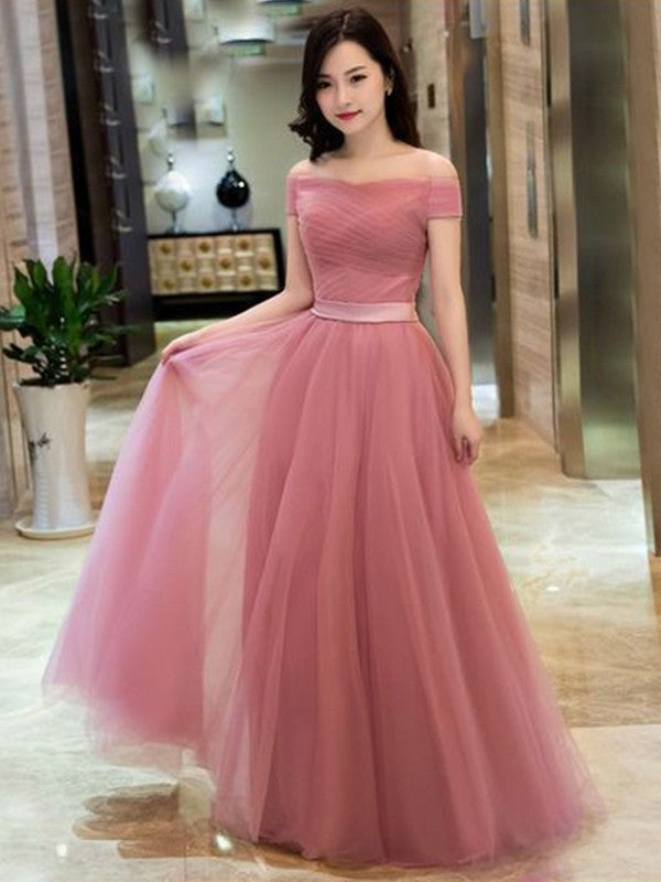 A-Line/Princess Tulle Off-the-Shoulder Ruffles Sleeveless Floor-Length Dresses