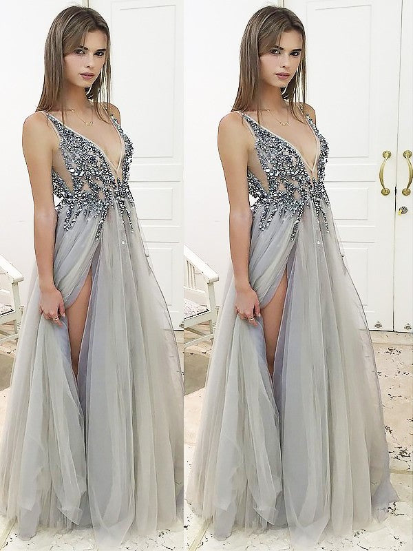 Floor-Length A-Line/Princess Sleeveless V-Neck Beading Tulle Dresses