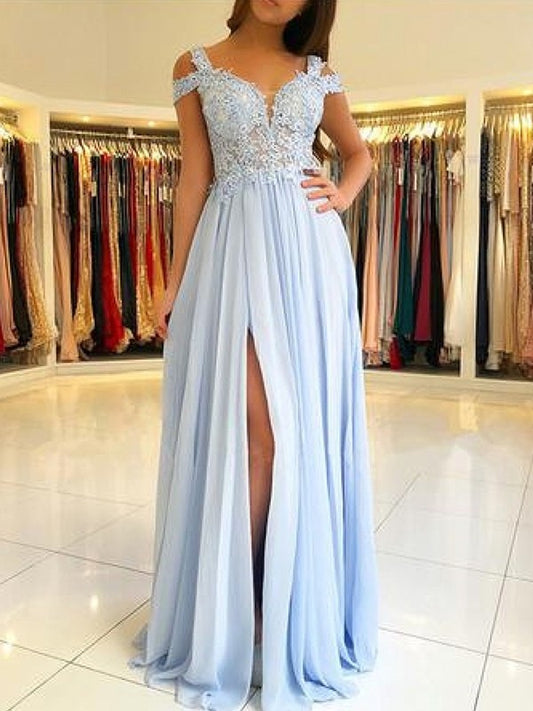Floor-Length A-Line/Princess Sleeveless Off-the-Shoulder Applique Chiffon Dresses