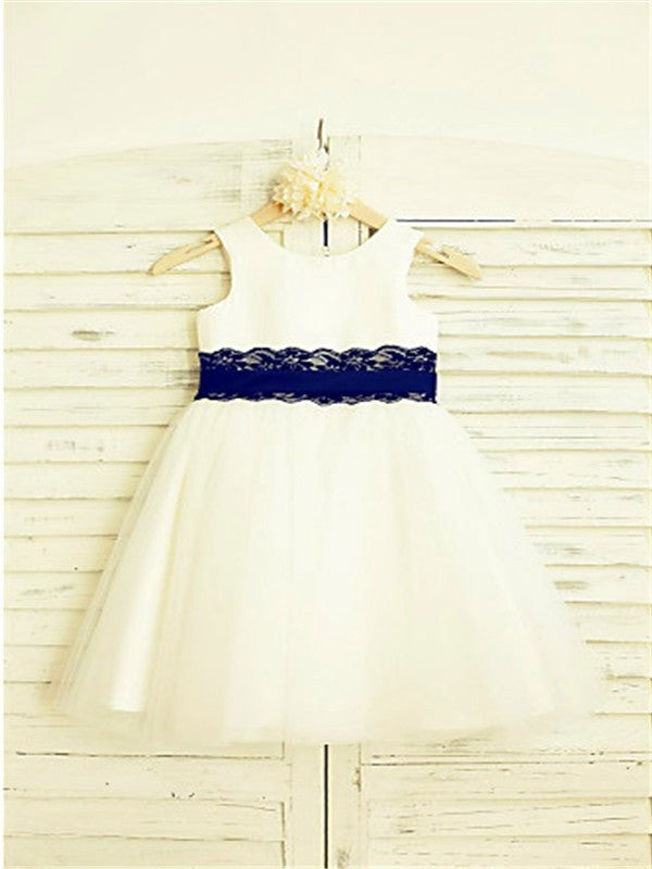 Tulle Scoop Lace Tea-Length A-line/Princess Sleeveless Flower Girl Dresses