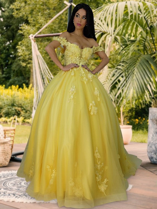 Gown Sleeveless Tulle Ball Applique Off-the-Shoulder Sweep/Brush Train Dresses