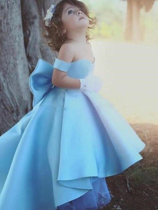 Gown Ball Ruffles Off-the-Shoulder Satin Sleeveless Asymmetrical Flower Girl Dresses