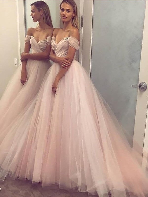 Tulle Sleeveless A-Line/Princess Beading Off-the-Shoulder Sweep/Brush Train Dresses