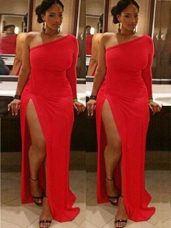 One-Shoulder Sleeves Long Train Spandex Ruched Sweep/Brush Sheath/Column Plus Size Dresses
