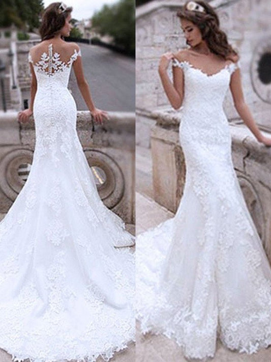 Trumpet/Mermaid Sweep/Brush Sleeveless Tulle Applique Off-the-Shoulder Train Wedding Dresses