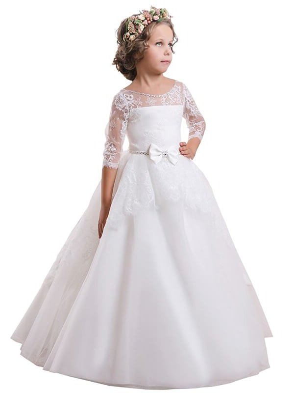 Jewel Ball Sweep/Brush Long Gown Sleeves Satin Lace Train Flower Girl Dresses