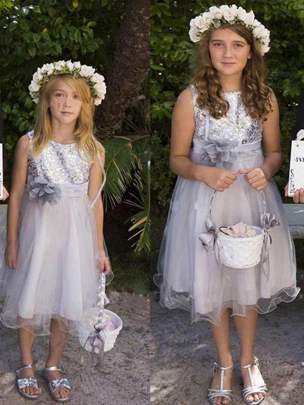 Flower A-Line/Princess Sleeveless Tulle Scoop Hand-Made Tea-Length Flower Girl Dresses