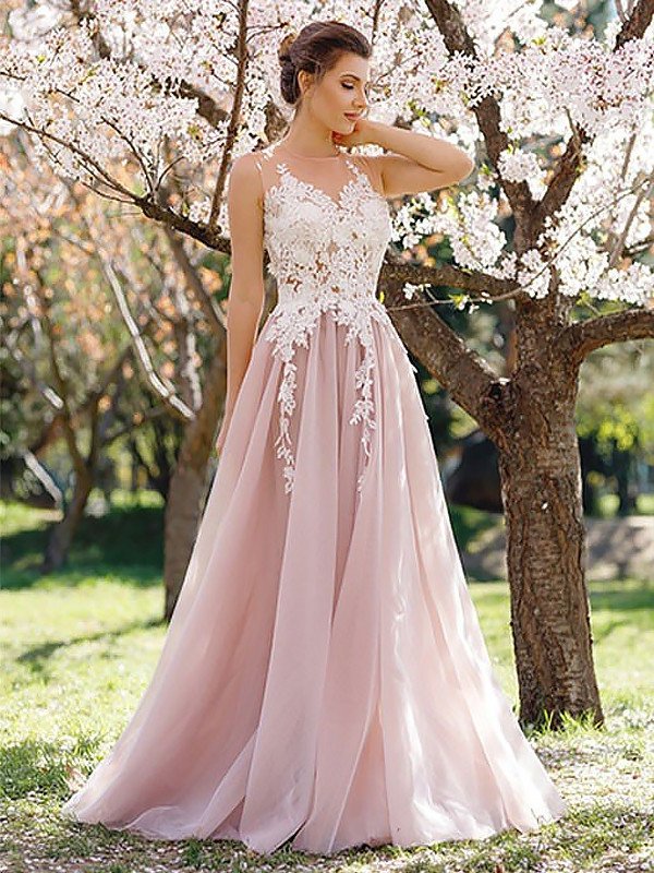 A-Line/Princess Jewel Sleeveless Floor-Length Applique Tulle Dresses