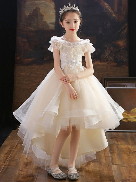 Tulle A-Line/Princess Off-the-Shoulder Asymmetrical Sleeves Applique Short Flower Girl Dresses