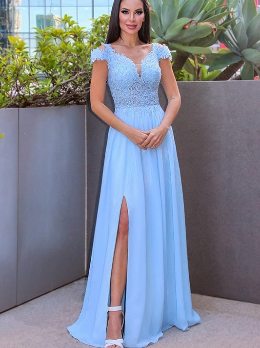 Off-the-Shoulder Sleeveless A-Line/Princess Floor-Length Chiffon Applique Dresses