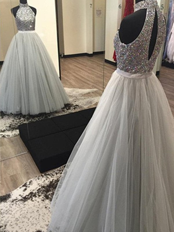 Halter Sleeveless A-Line/Princess Floor-Length Beading Tulle Dresses