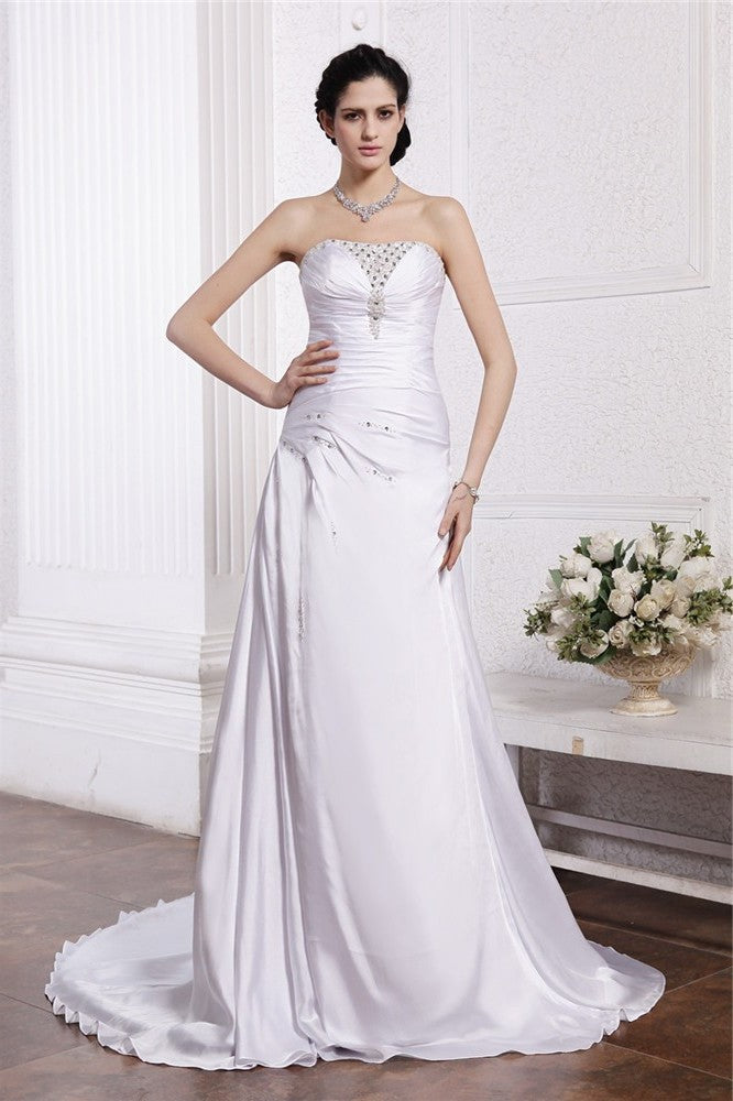 A-Line/Princess Sleeveless Ruffles Beading Strapless Silk Long like Satin Wedding Dresses