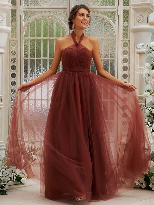 A-Line/Princess Halter Tulle Ruffles Sleeveless Floor-Length Bridesmaid Dresses