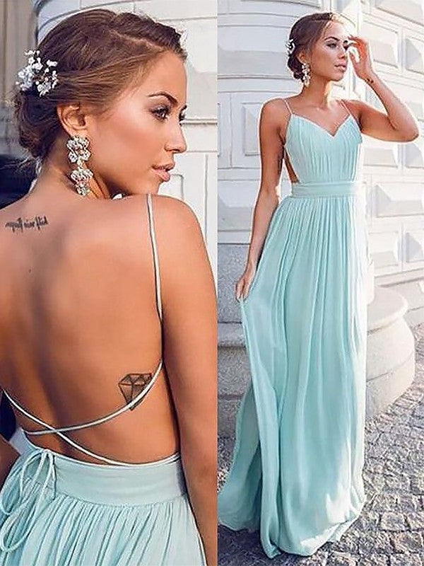 A-Line Straps With Spaghetti Sleeveless Floor-Length Ruched Chiffon Dresses