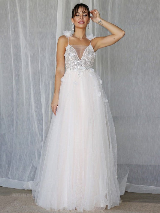 Beading A-Line/Princess Tulle Sleeveless V-neck Floor-Length Wedding Dresses