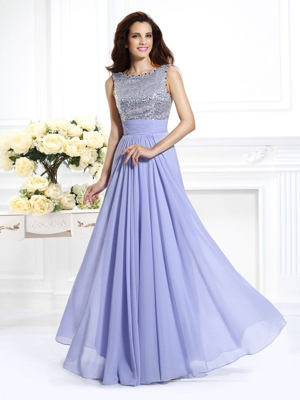 A-Line/Princess Paillette Bateau Sleeveless Lace Long Chiffon Dresses