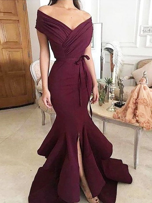 Sleeveless Ruched Off-the-Shoulder Trumpet/Mermaid Floor-Length Stretch Crepe Dresses