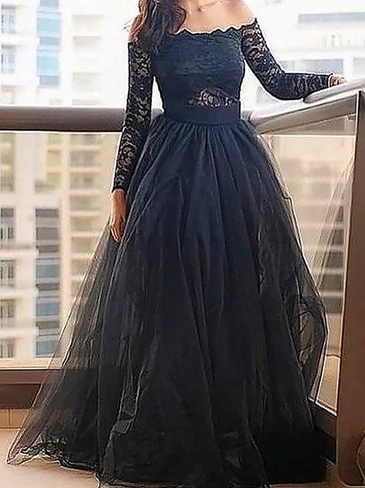 Off-the-Shoulder A-Line/Princess Lace Sleeves Long Floor-Length Tulle Dresses