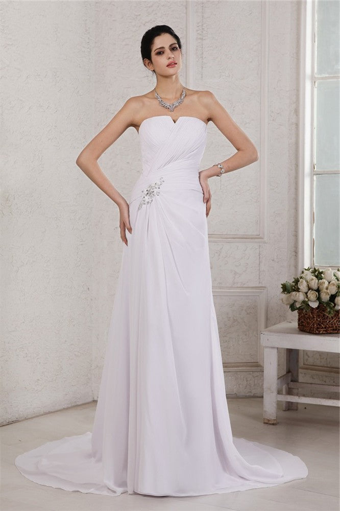 Sheath/Column Strapless Long Pleats Sleeveless Beading Applique Chiffon Wedding Dresses