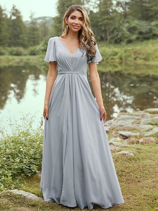 A-Line/Princess Chiffon Sleeves V-neck Short Ruffles Floor-Length Bridesmaid Dresses