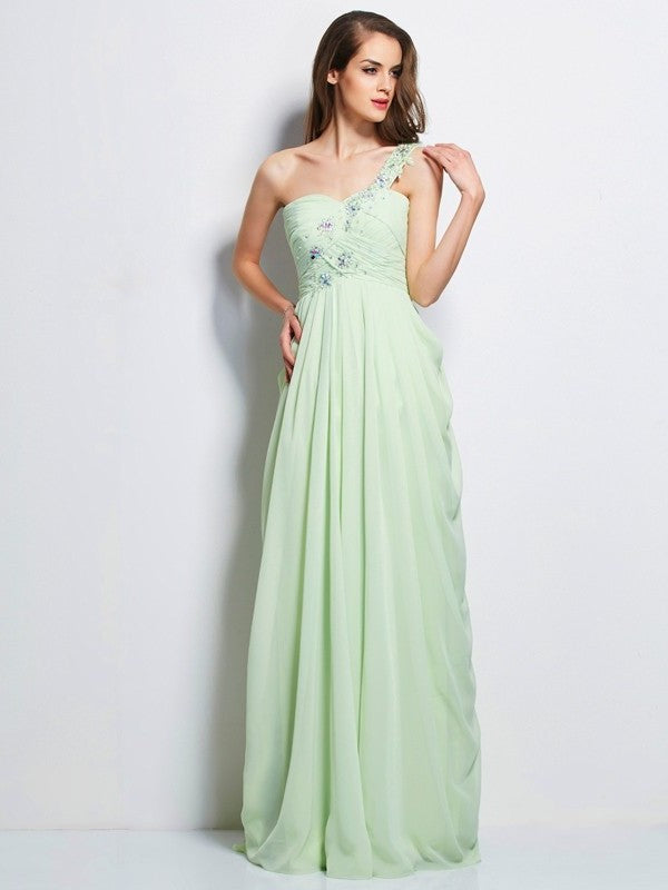 Applique One-Shoulder A-Line/Princess Sleeveless Long Chiffon Dresses
