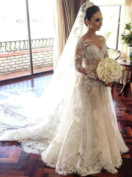 Long A-Line/Princess Bateau Sleeves Lace Train Chapel Tulle Wedding Dresses