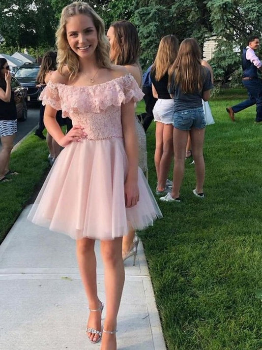 Tulle Short Applique Sleeves Off-the-Shoulder A-Line/Princess Short/Mini Homecoming Dresses