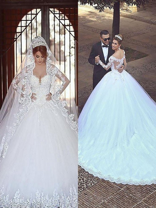 Sleeves Long Tulle Court Gown Off-the-Shoulder Ball Train Wedding Dresses