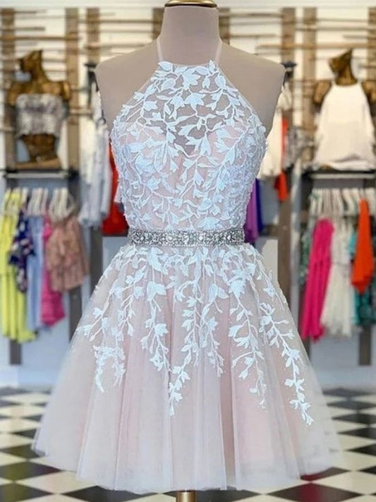 Sleeveless Tulle A-Line/Princess Applique Halter Short/Mini Homecoming Dresses
