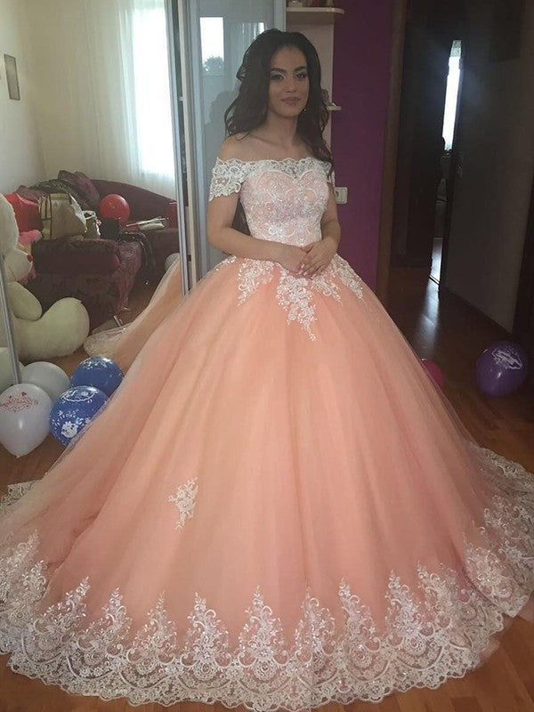 Off-the-Shoulder Ball Gown Train Court Sleeveless Tulle Lace Dresses