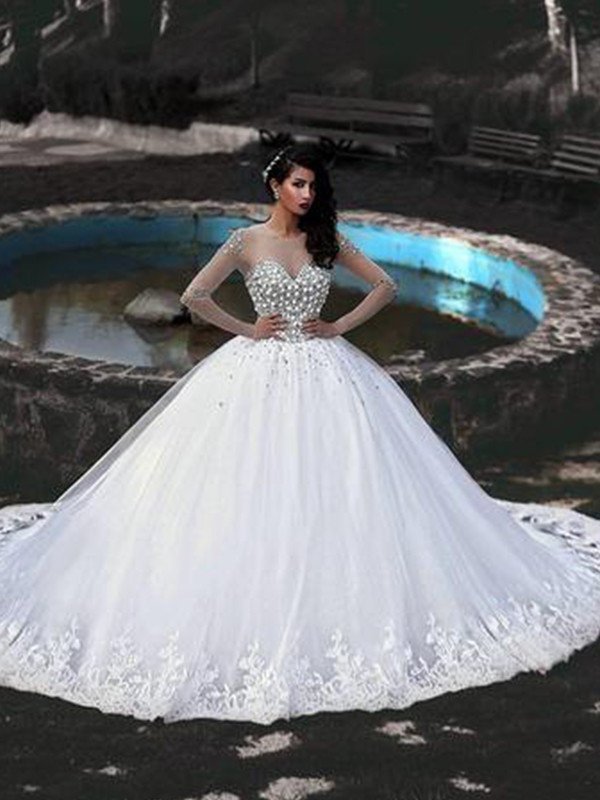 Tulle Sleeves Ball Sweep/Brush Scoop Beading Gown Long Train Wedding Dresses