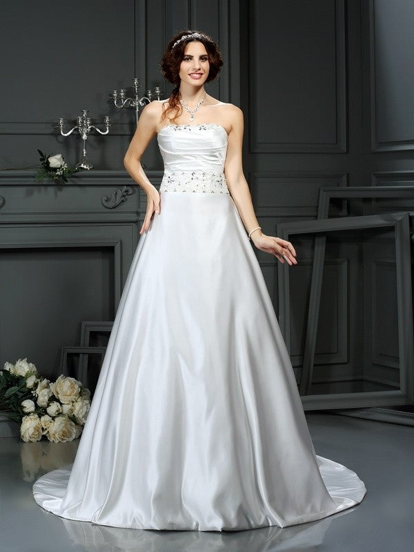 Sleeveless Long Strapless A-Line/Princess Beading Satin Wedding Dresses